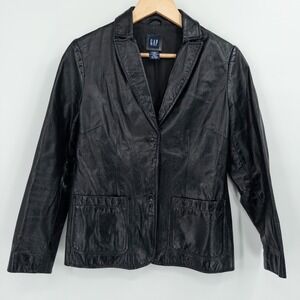 Vintage Y2K Gap Black Leather Jacket‎ Womens XS 2000s 90s Mob Wife Minimalist